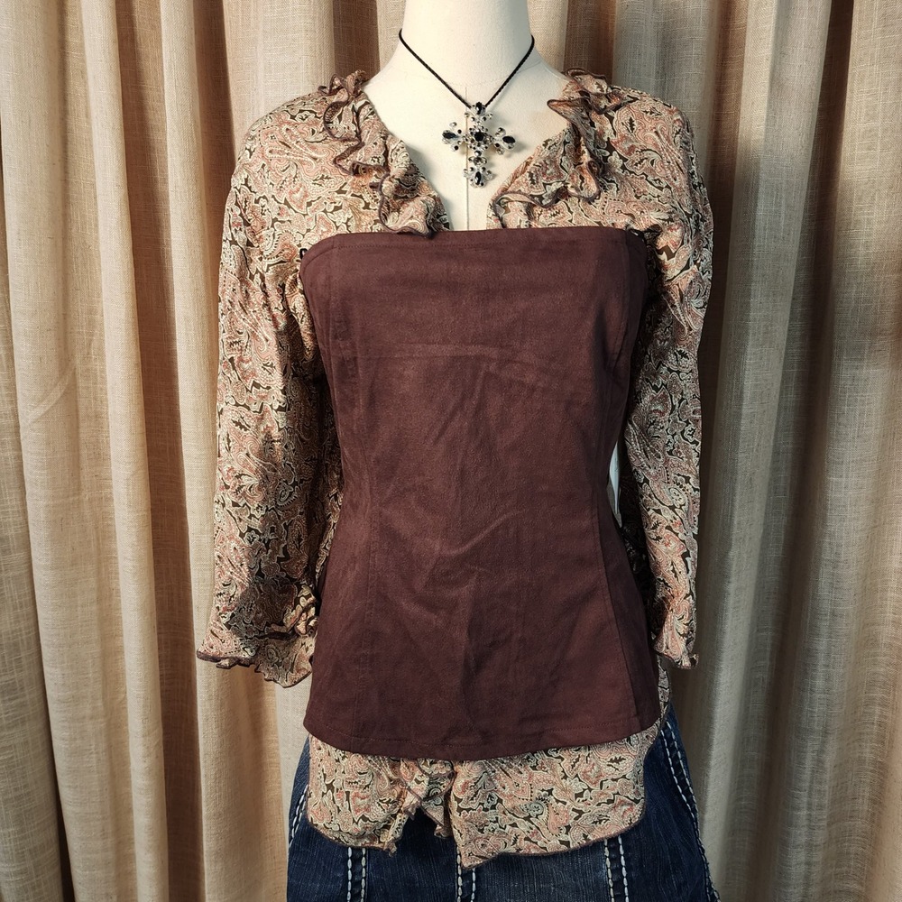 La Peche Women Large Brown Faux Suede Strapless‎ Corset Top Zipper Back NWT